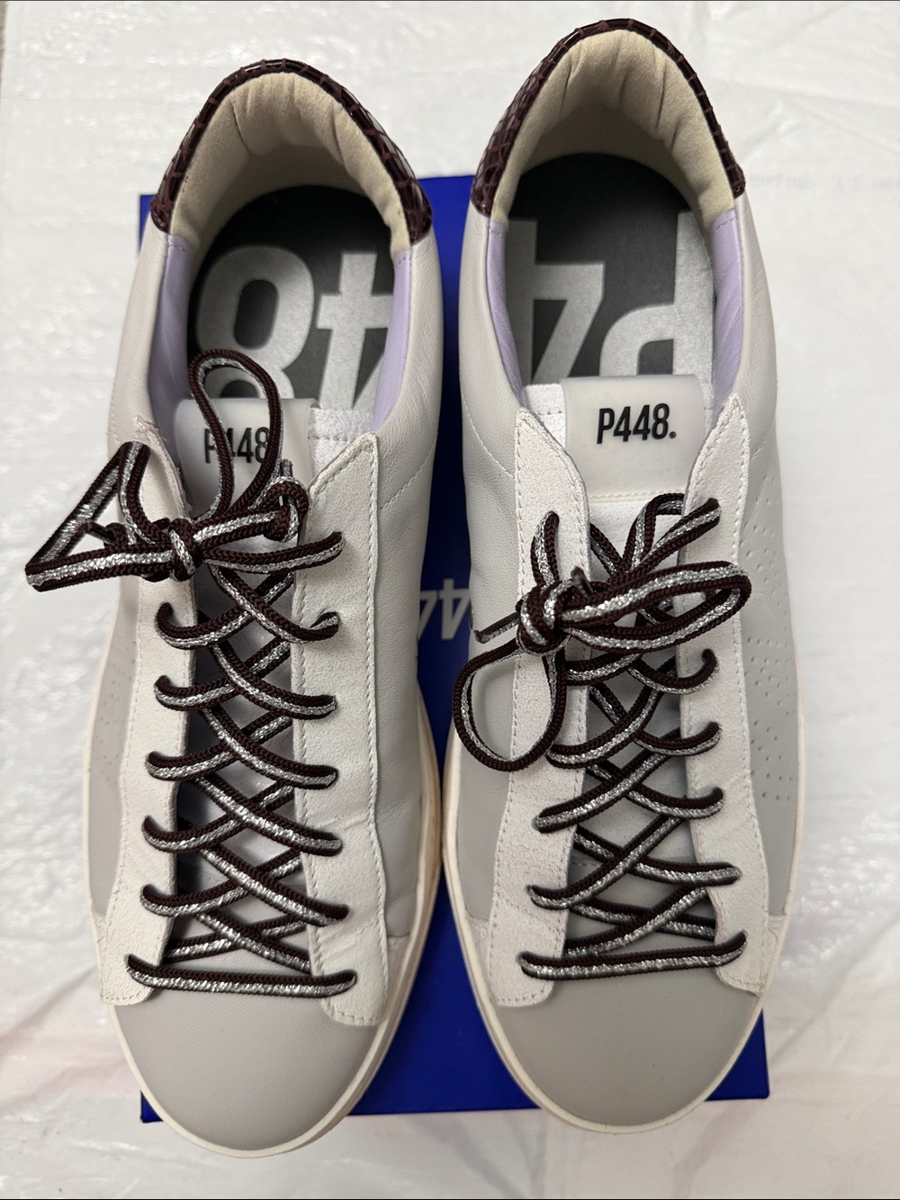 P448 White, Light Gray and Red Wine Low-Top Sneakers
